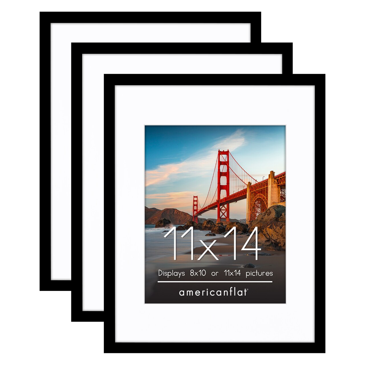 Americanflat 11x14 Black Picture Frames - Shatter-Resistant Glass - 3 Pack - Use as 8x10 with mat or as 11x14 frame without mat